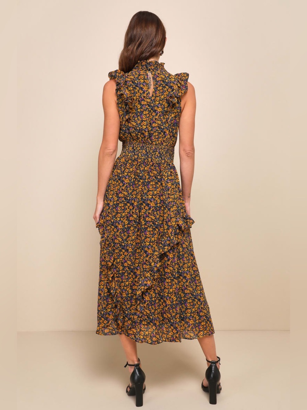 Lulus Evalina Mustard Yellow Floral Print Mock Neck Midi Dress Size Large NWOT - Picture 3 of 15